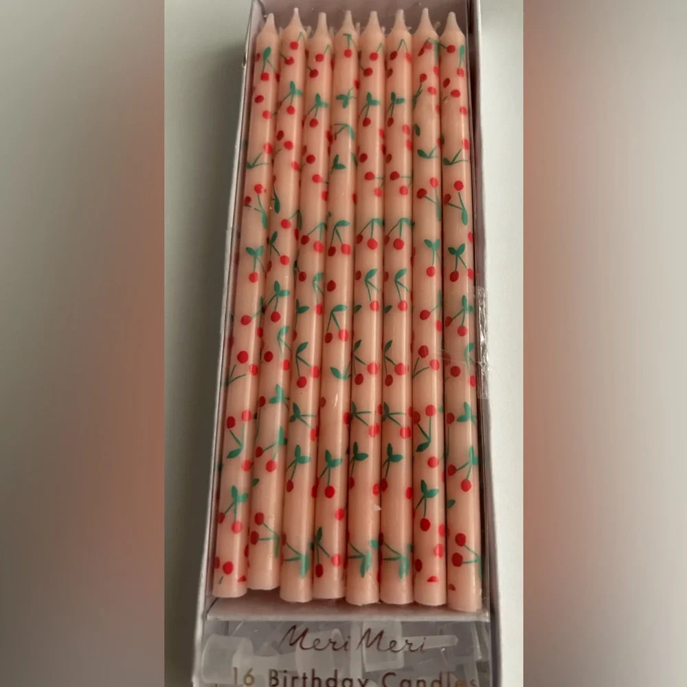New 16 Pink Birthday Candles 16 Holders Red Flowers Green Stems Meri Mari